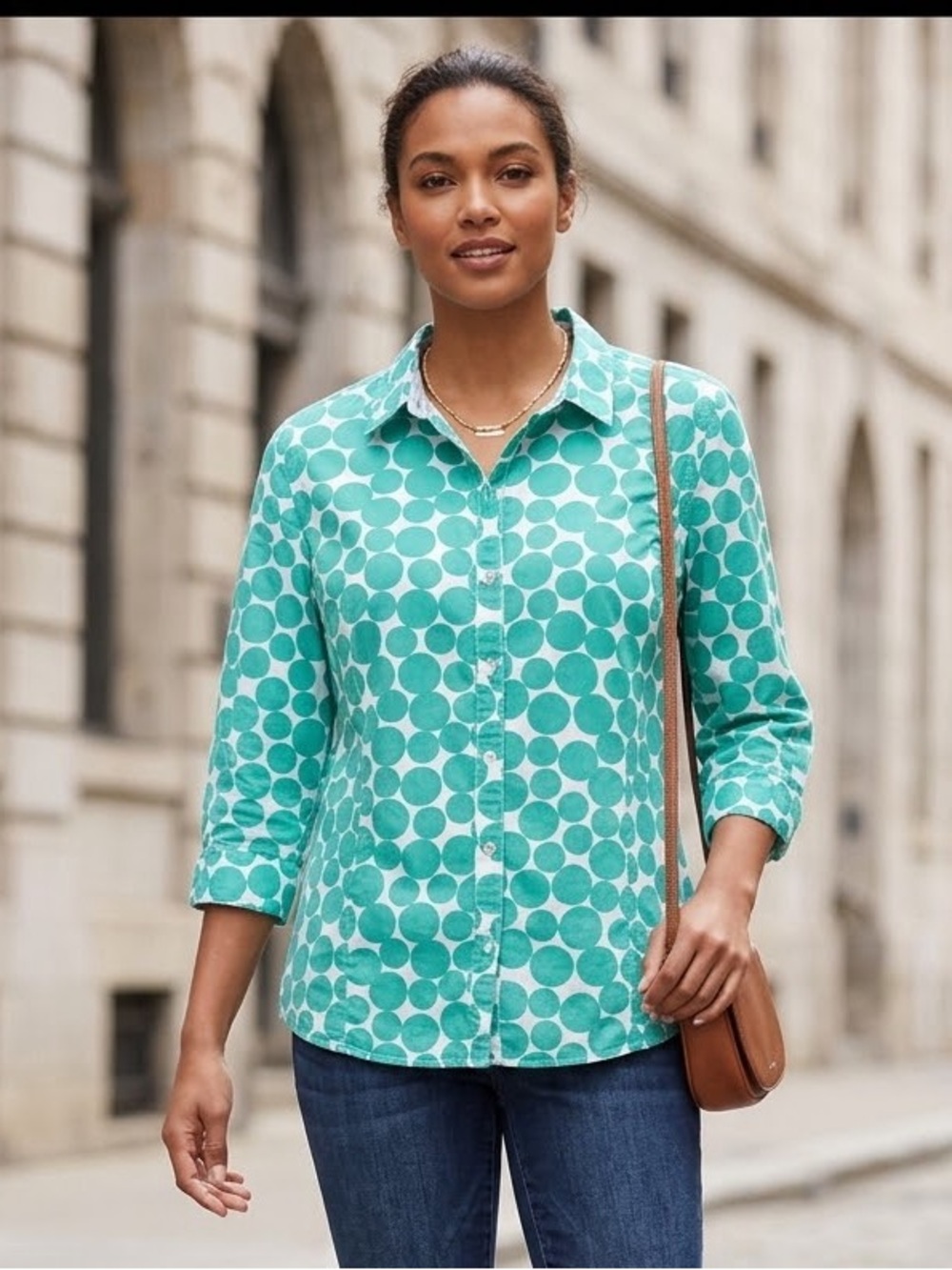 Garnet Hill Womens Button Front Shirt Mint Green White 3/4 Sleeve‎ Cotton Sz 6